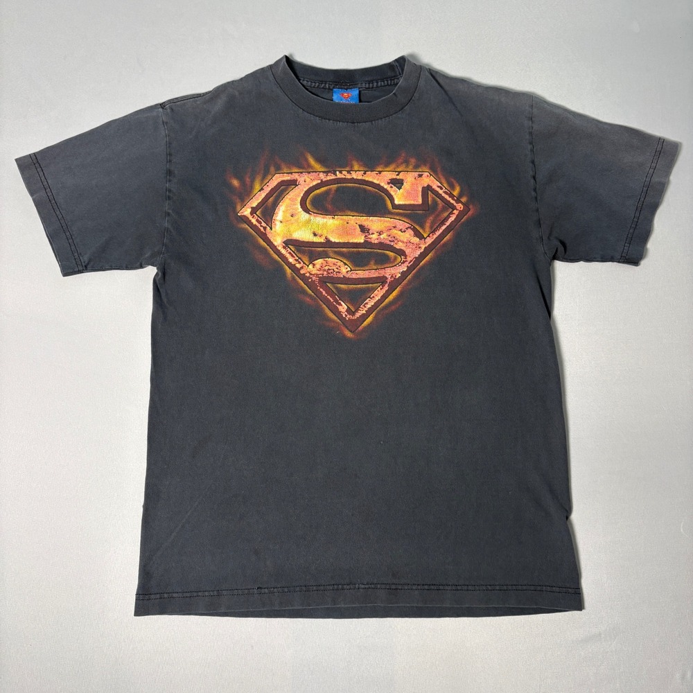 Vintage DC Comics Superman Fire Shield Graphic T-Shirt Faded Black Mens M